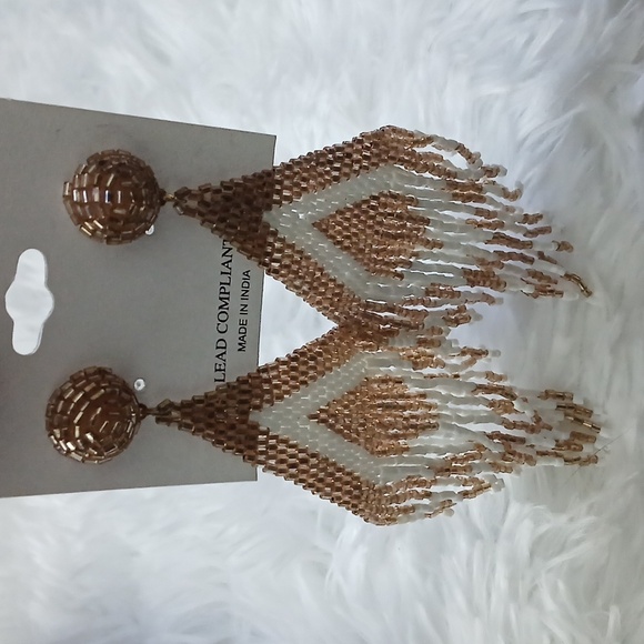 NWT Natasha Couture Gold/Brown White Beaded Fringe Boho Festival Earrings - Picture 5 of 13
